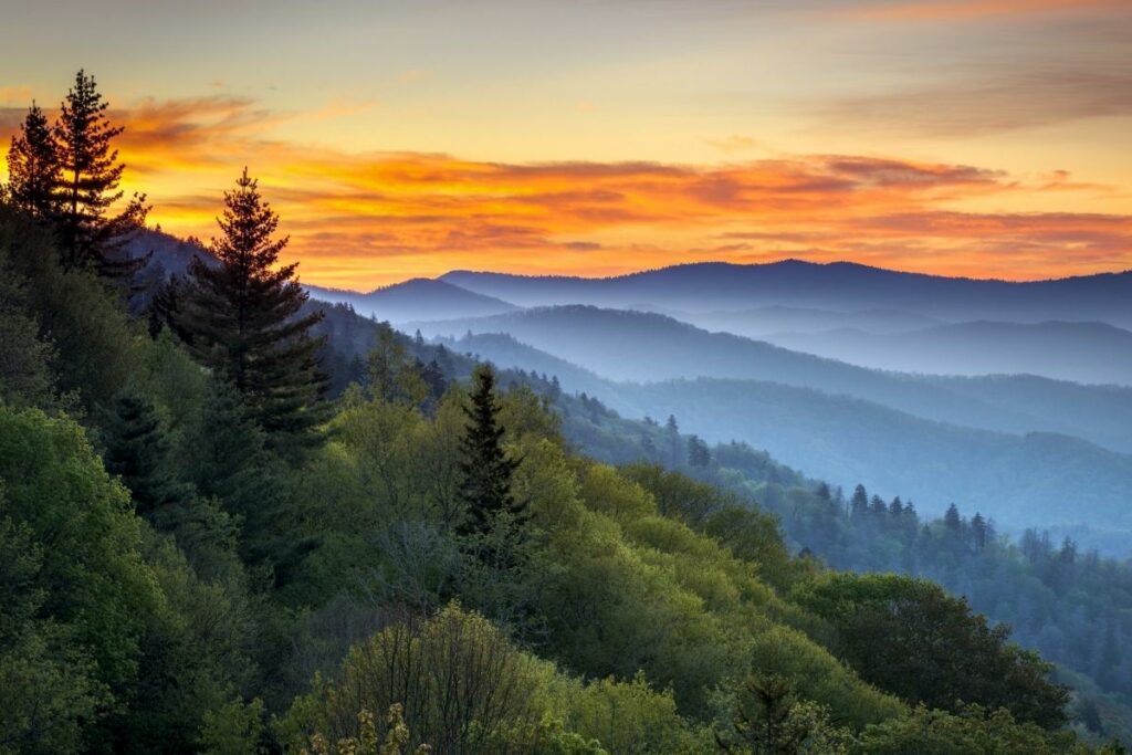 A scenic sunrise landscape photo of the Great Smoky Mountains National Park, showing layered blue and green mountain ranges and lush green trees in the foreground.